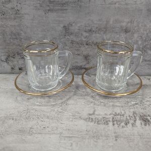 Set of 2 Italian Clear Glass Gold Rim Espresso Cup Saucer